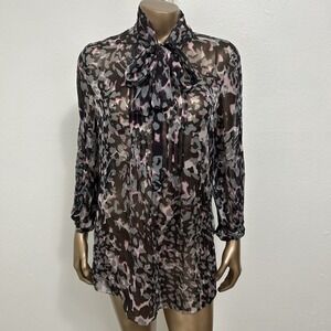 Elite Tahari 100% Silk Abstract Tunic Purple Black Tie Neck Size M Semi Sheer